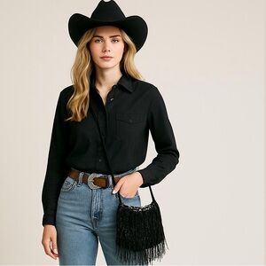 Black Beaded Fringe Shoulder Bag with Sequins BohoChic– Made in China